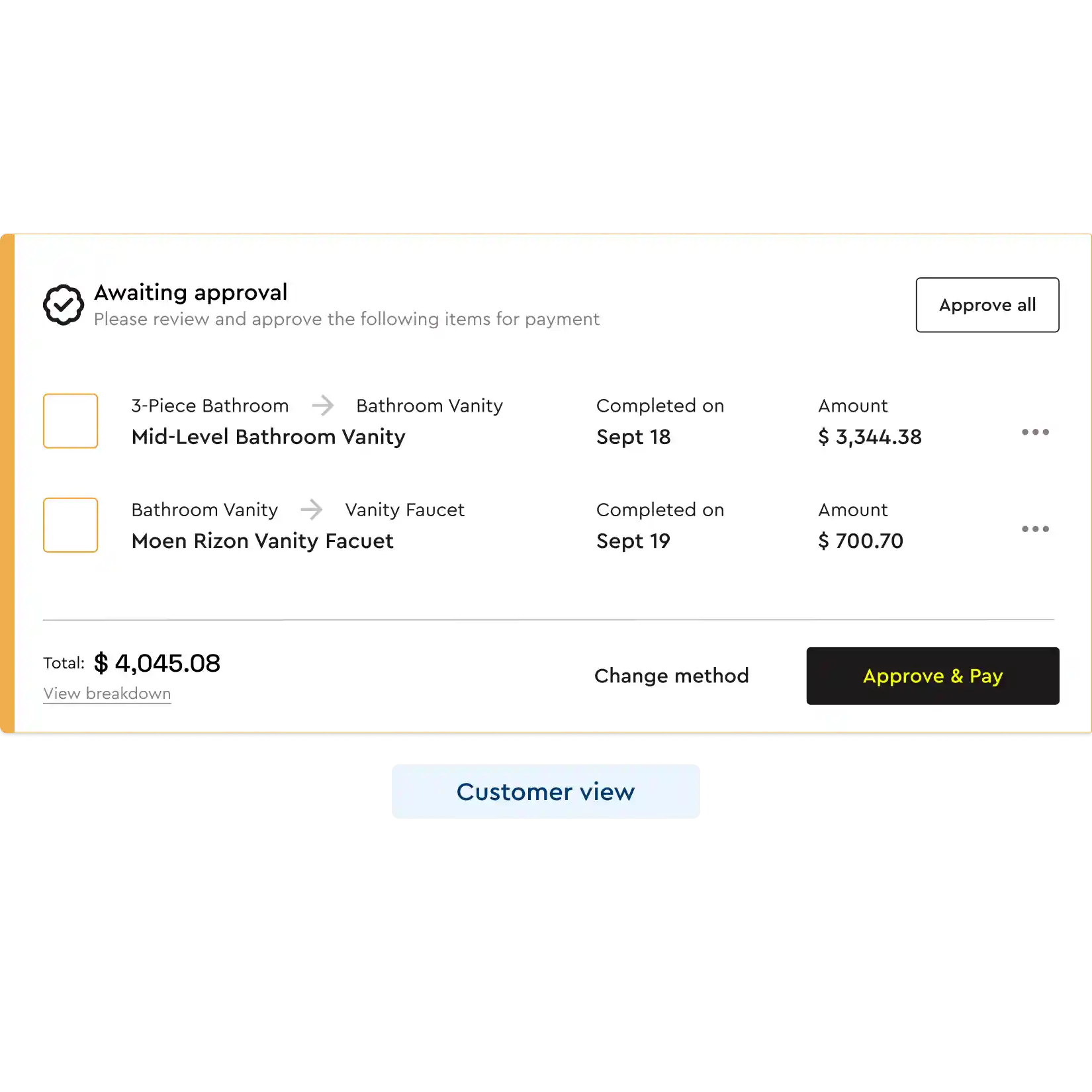 An example of a customer paying for two completed items.