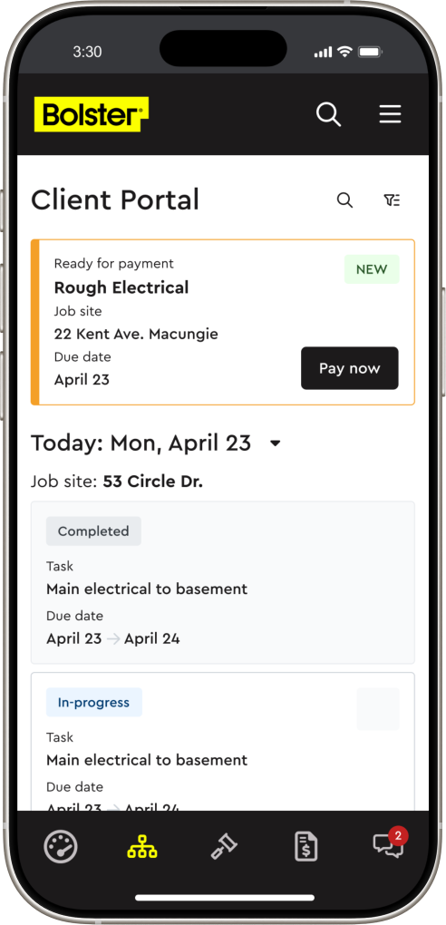 Mobile screen showing Bolster client portal with payment ready for Rough Electrical at 22 Kent Ave, due April 23, and tasks for 53 Circle Dr marked completed and in-progress with due dates April 23 to April 24.