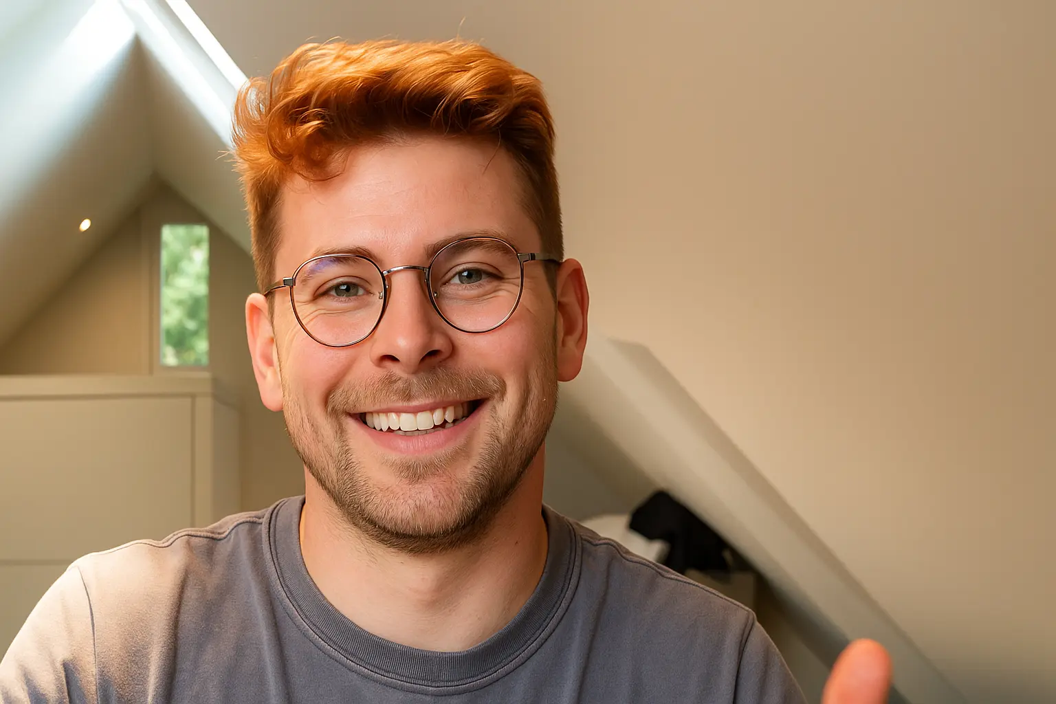 Smiling young man with red hair and round glasses in a room with slanted ceiling and window.