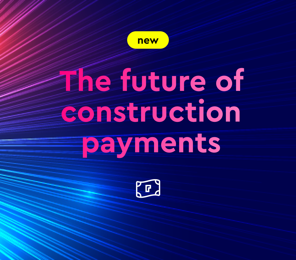 Bright colorful rays of light on dark background with text 'The future of construction payments' and a yellow label reading 'new'.