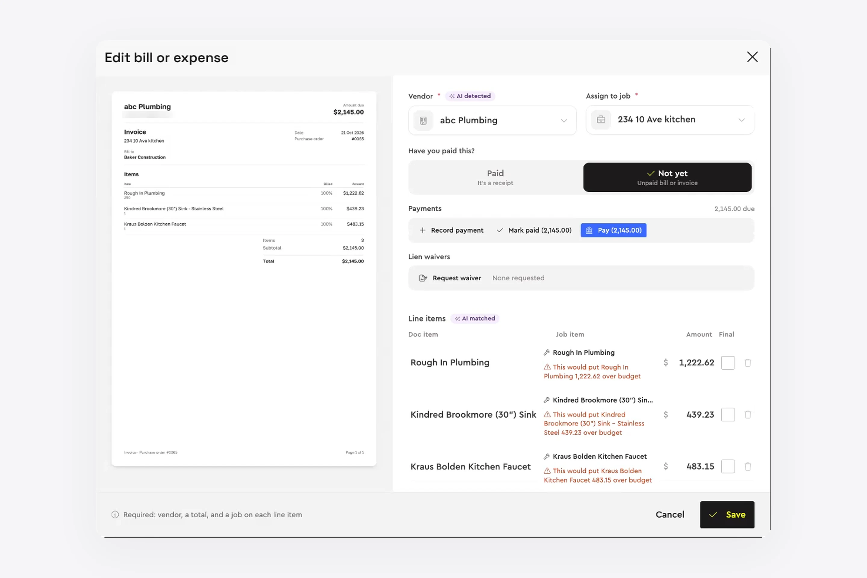 Bills read and matched to the job